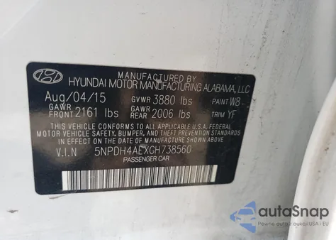 2016 Hyundai Elantra Se z USA, uszkodzony, nr VIN 5NPDH4AEXGH738560